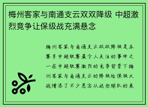 梅州客家与南通支云双双降级 中超激烈竞争让保级战充满悬念 梅州客家与南通支云双双降级 中超激烈竞争让保级战充满悬念